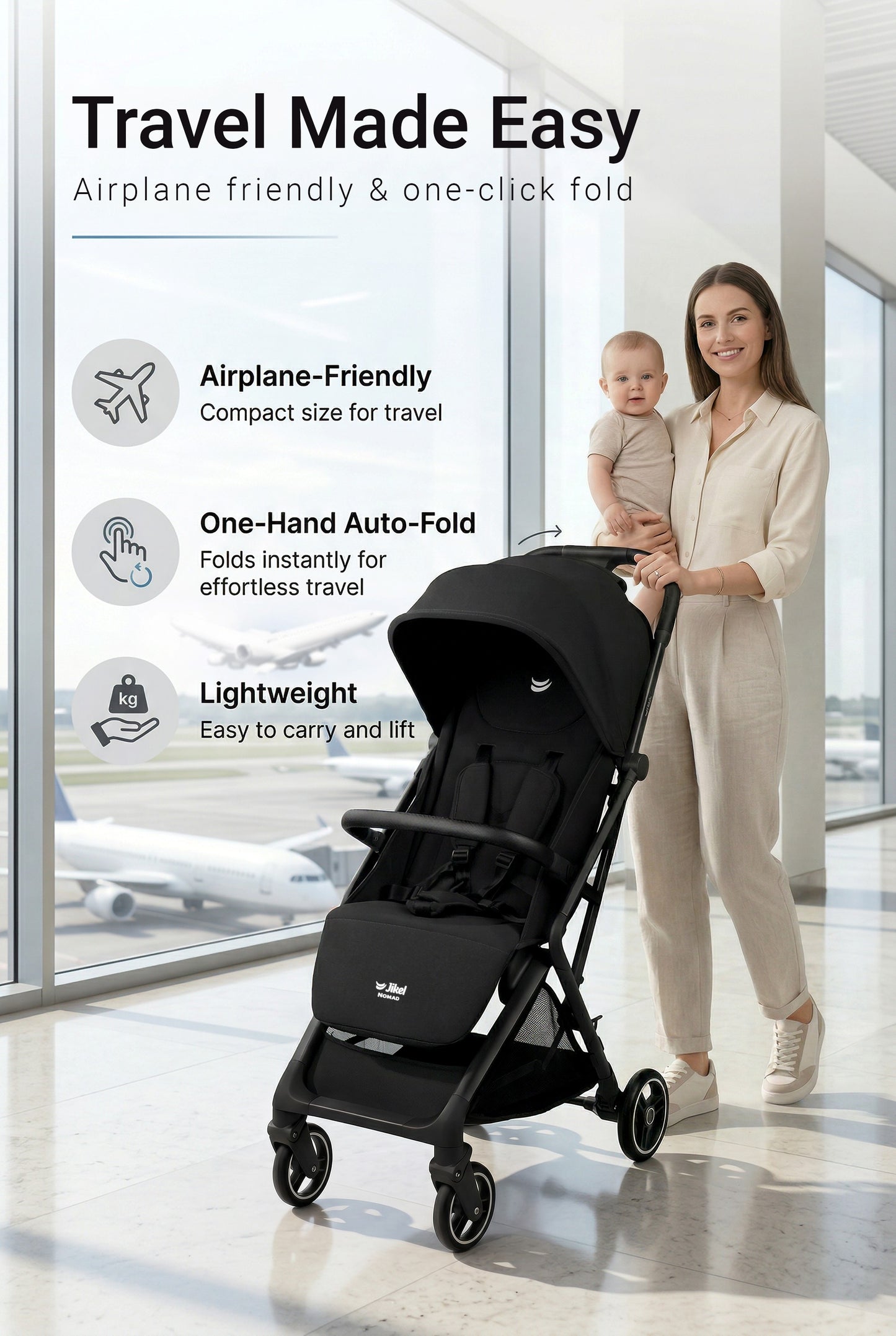 Jikel Nomad Auto-Fold Travel Stroller (Onyx Black) + Stroller Travel Backpack – Set Bundle