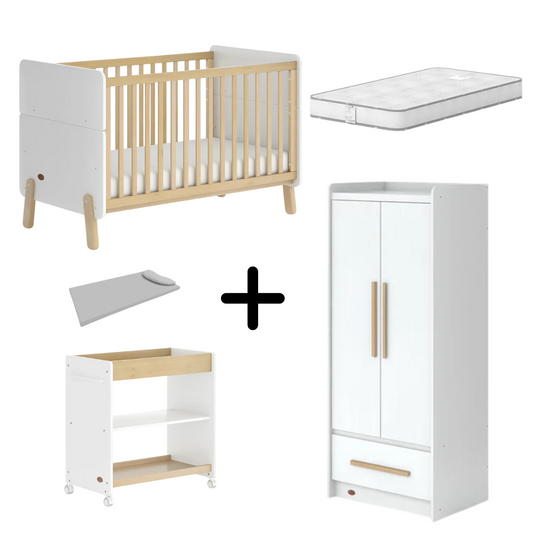 Boori - Natty Cot with Mattress, Universal Changer and Wardrobe Set Barley White and Almond