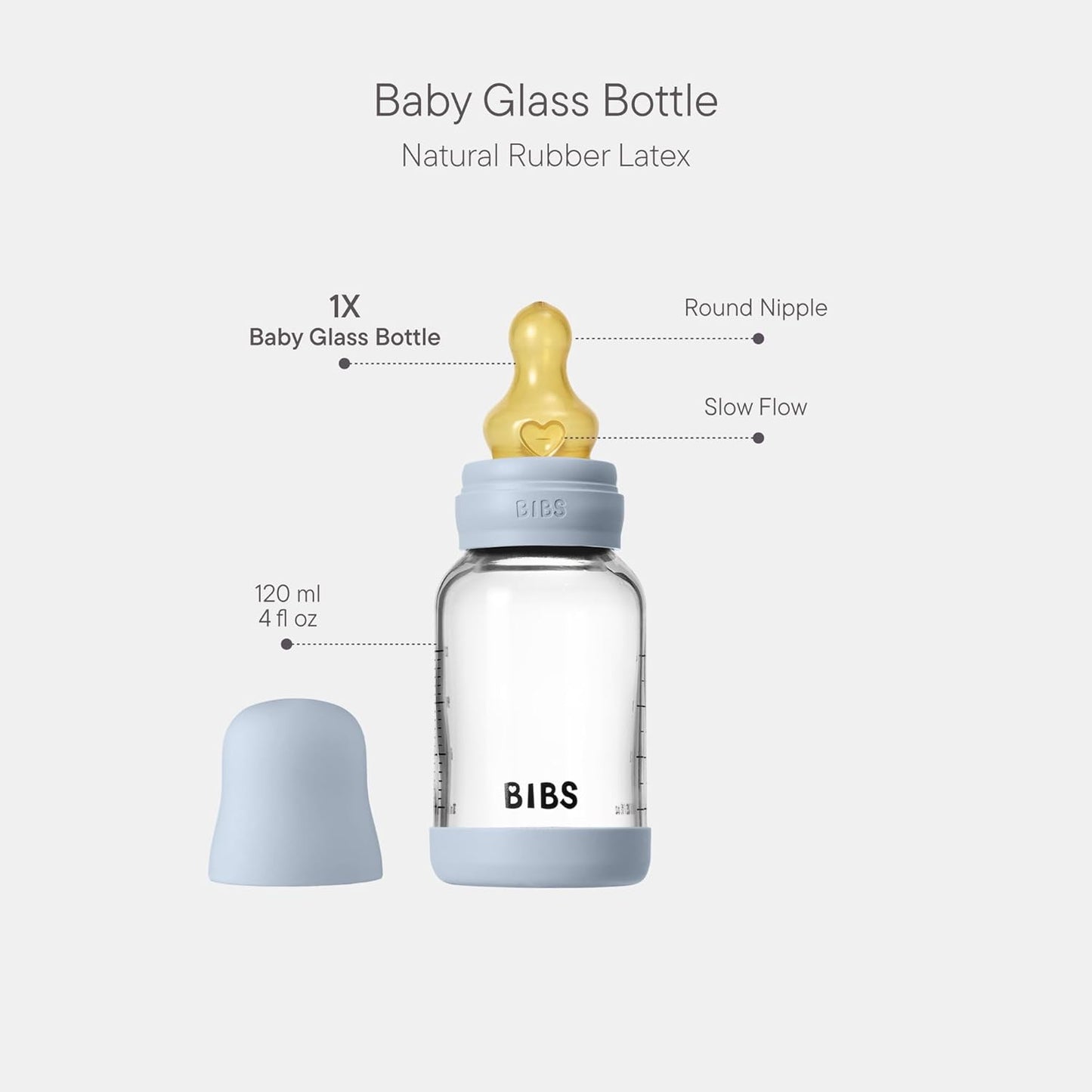 Bibs - BIBS Glass Baby Bottle Round Latex 1 pack 120 ml Slow Flow Baby Blue