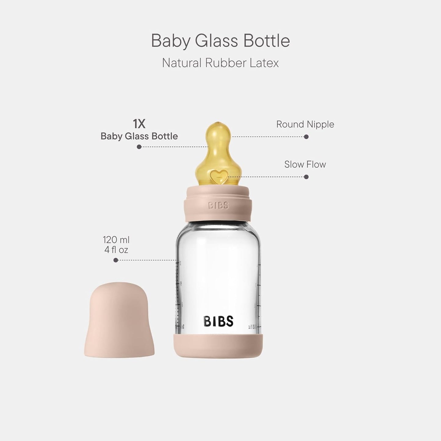 BIBS - Glass Baby Bottle Round Latex 1 pack 120 ml Slow Flow Blush