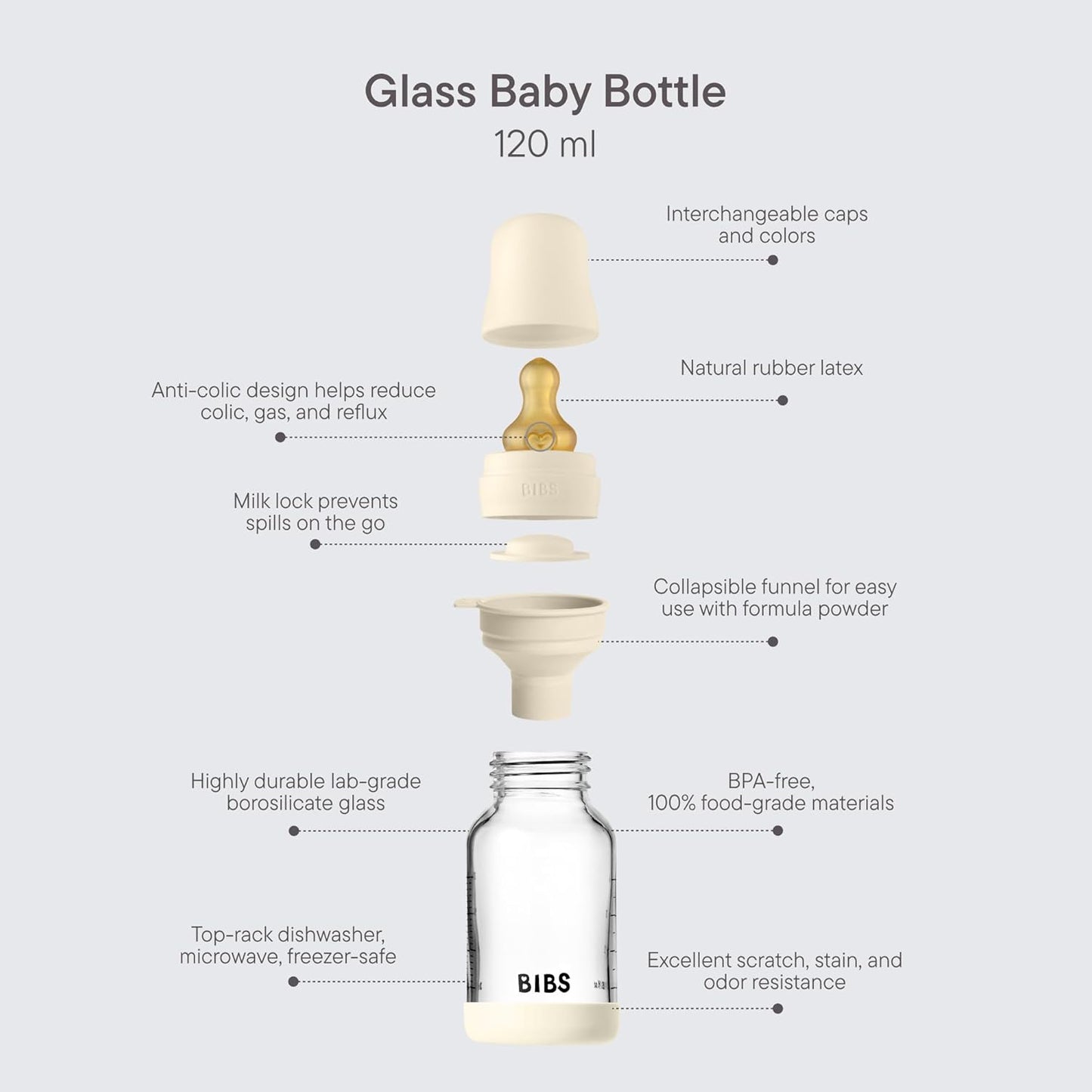BIBS - Glass Baby Bottle Round Latex 1 pack 120 ml Slow Flow Blush