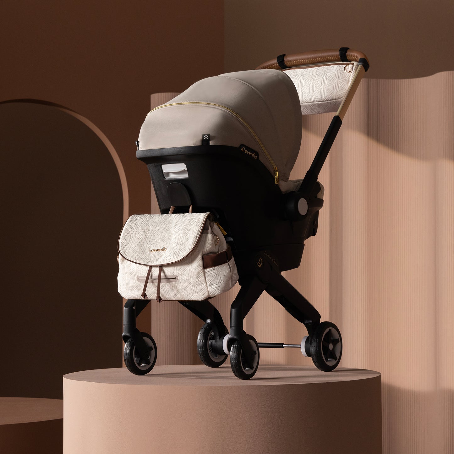 Evenflo - Shyft DualRide with Carryall Storage Infant Car Seat and Stroller Combo with Green & Gentle Fabric - Champagne