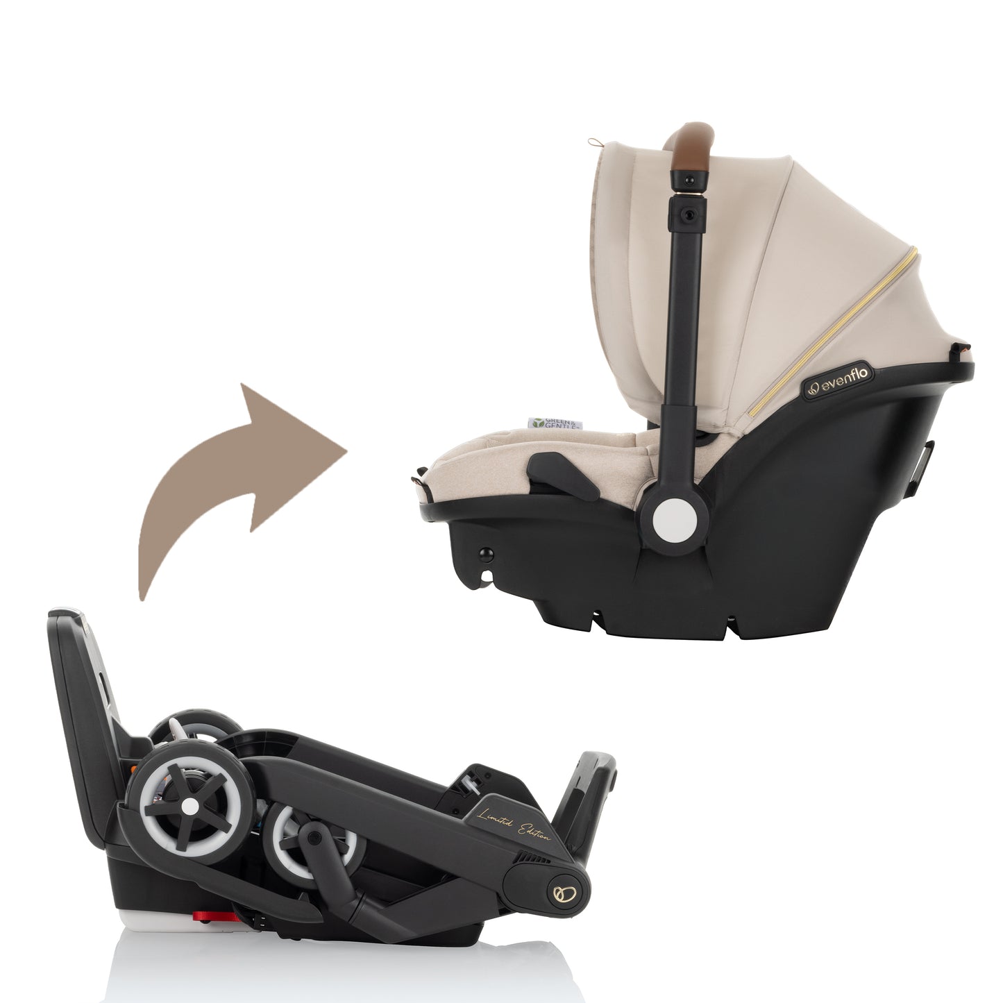 Evenflo - Shyft DualRide with Carryall Storage Infant Car Seat and Stroller Combo with Green & Gentle Fabric - Champagne
