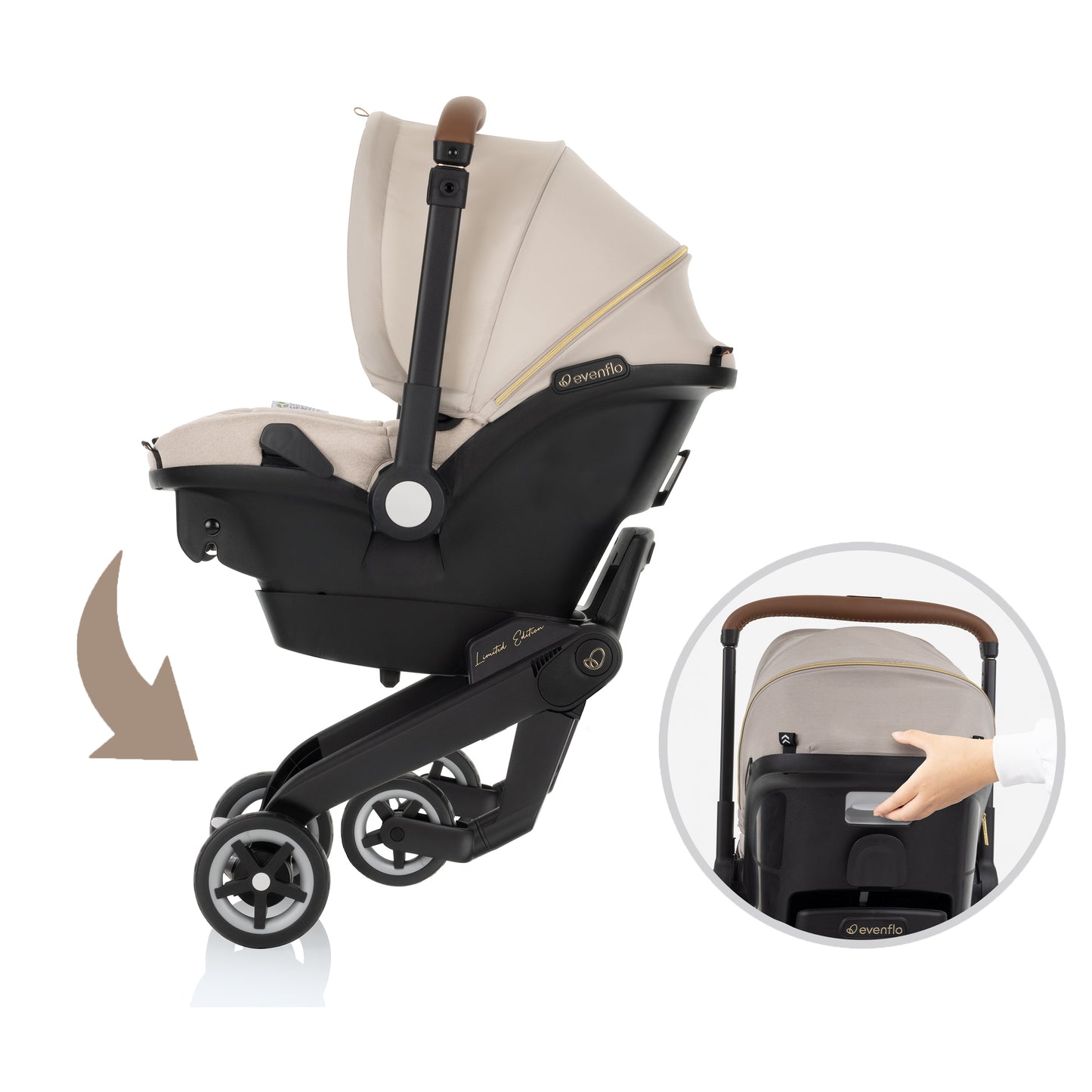Evenflo - Shyft DualRide with Carryall Storage Infant Car Seat and Stroller Combo with Green & Gentle Fabric - Champagne