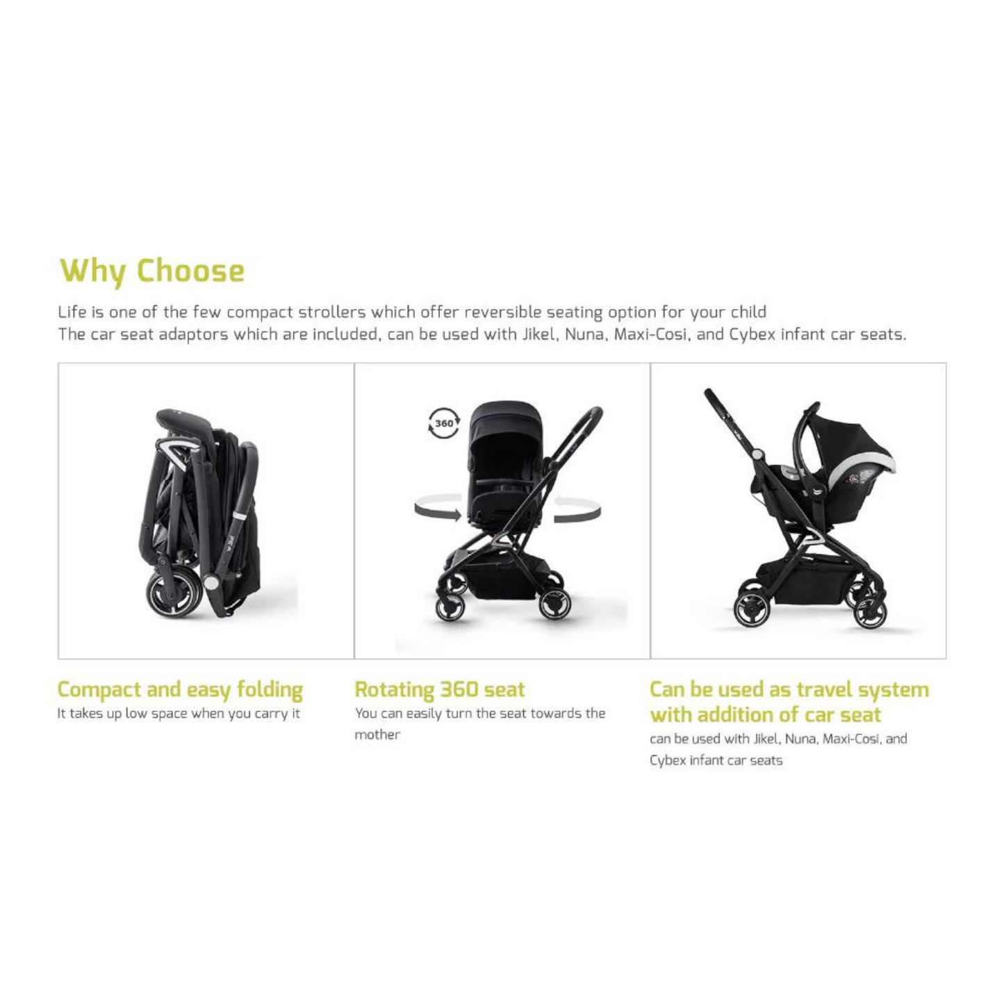 Jikel - Life 360 Reversible Compact Stroller - Black
