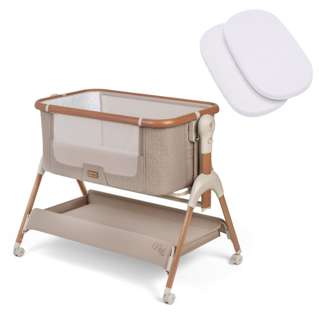 Jikel - Nest Glide Co-sleeper Bedside Crib Wood Beige + Organic Cotton Fitted Sheets White 2-piece Set Bundle