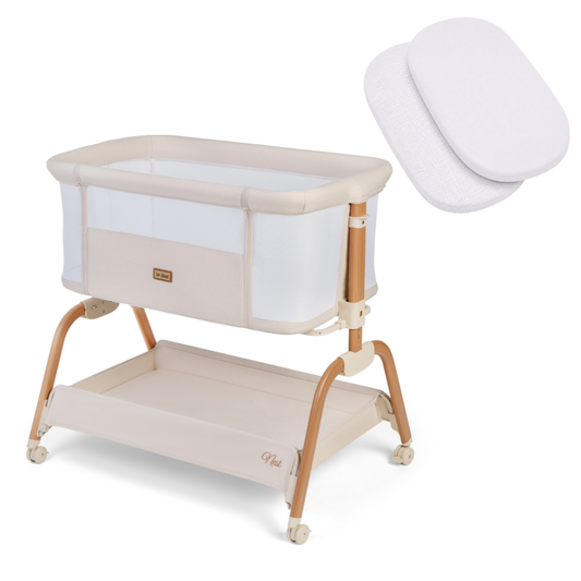 Jikel - Nest Co-sleeper Bedside Crib Soft Beige + Organic Cotton Fitted Sheets White 2-piece Set Bundle