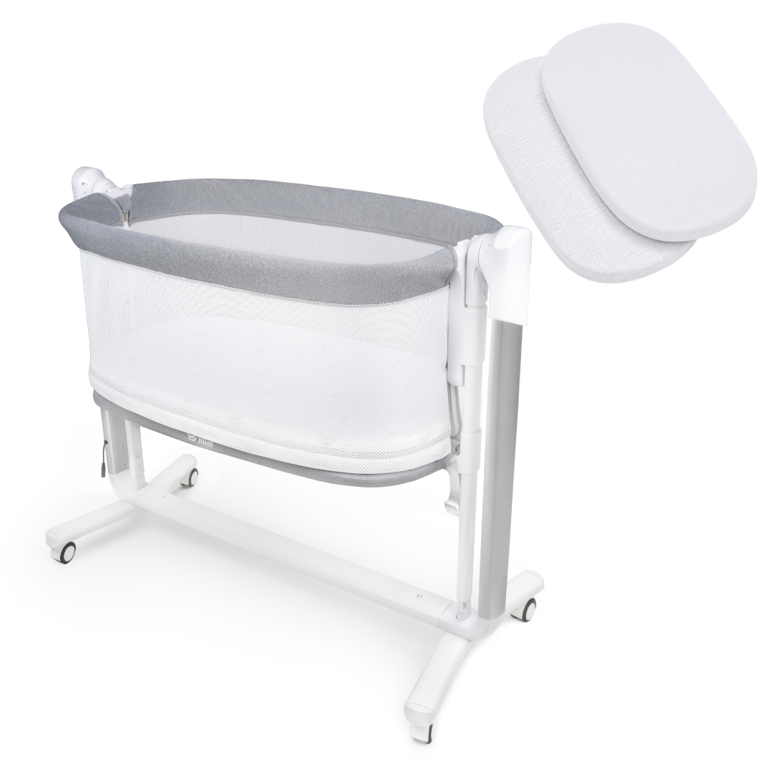 Jikel - Pony 2-in-1 Co-sleeper Crib & Swing Grey + Organic Cotton Fitted Sheets White 2-piece Set Bundle