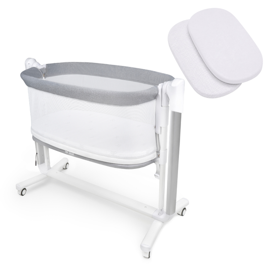 Jikel - Pony 2-in-1 Co-sleeper Crib & Swing Grey + Organic Cotton Fitted Sheets White 2-piece Set Bundle