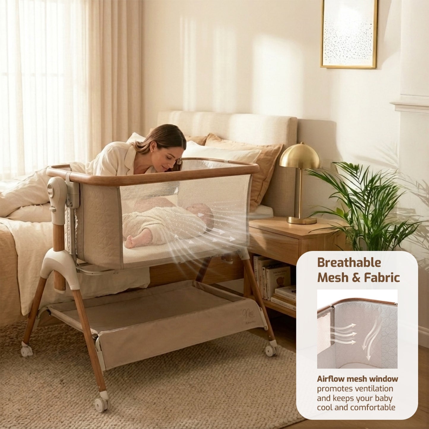 Jikel - Nest Glide Co-sleeper Bedside Crib Wood Beige + Organic Cotton Fitted Sheets White 2-piece Set Bundle
