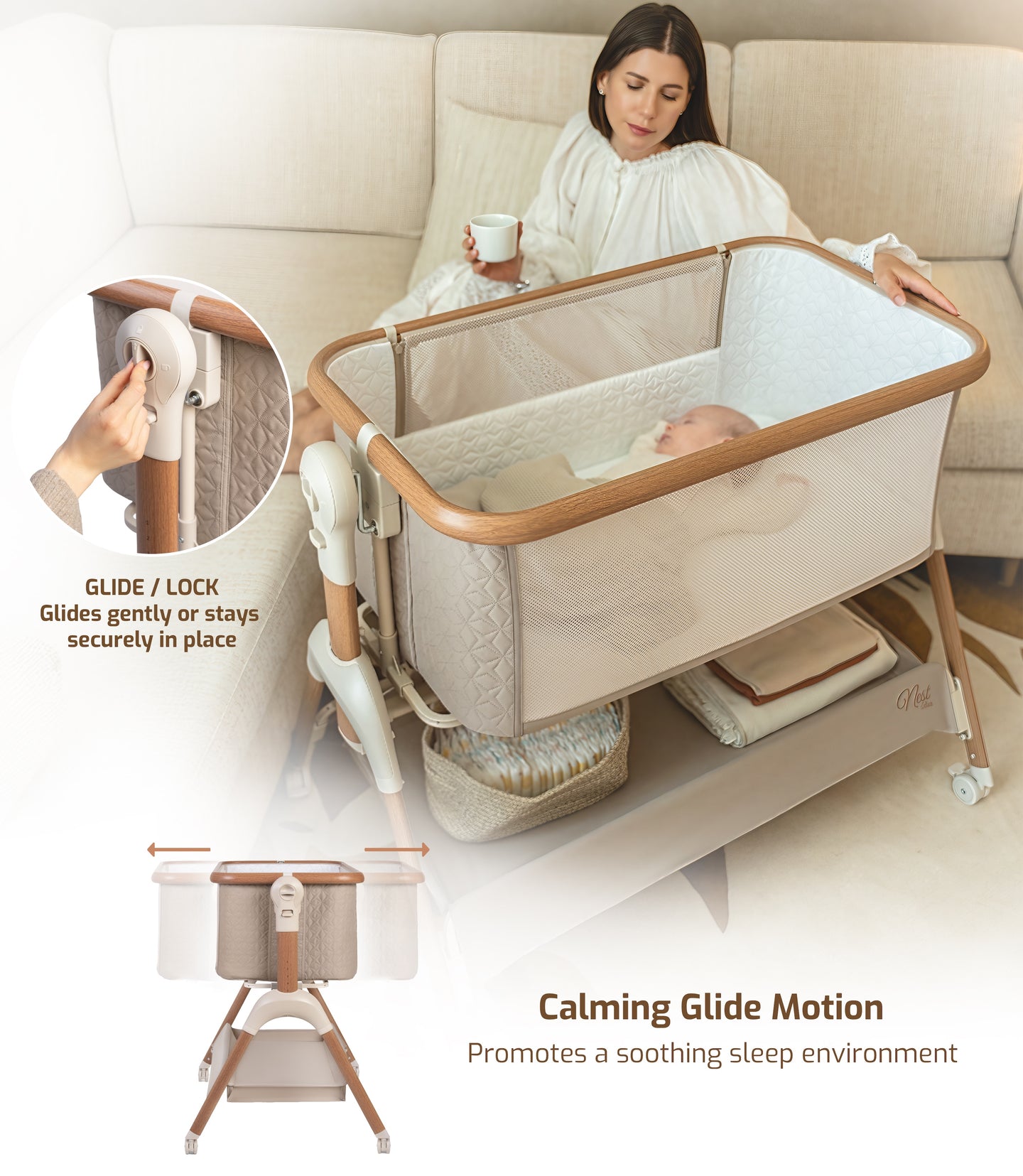Jikel - Nest Glide Co-sleeper Bedside Crib Wood Beige + Organic Cotton Fitted Sheets White 2-piece Set Bundle