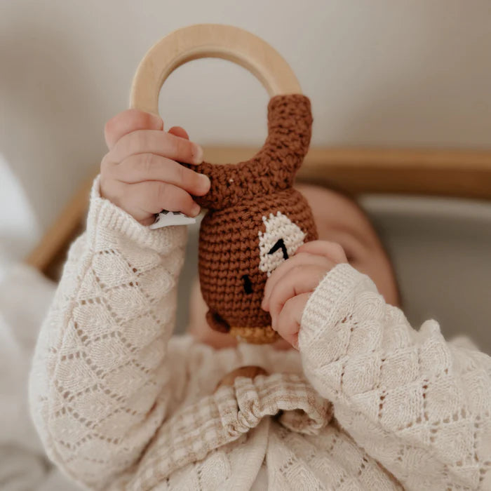 Sebra - Rattle on wooden ring, crochet, Bear