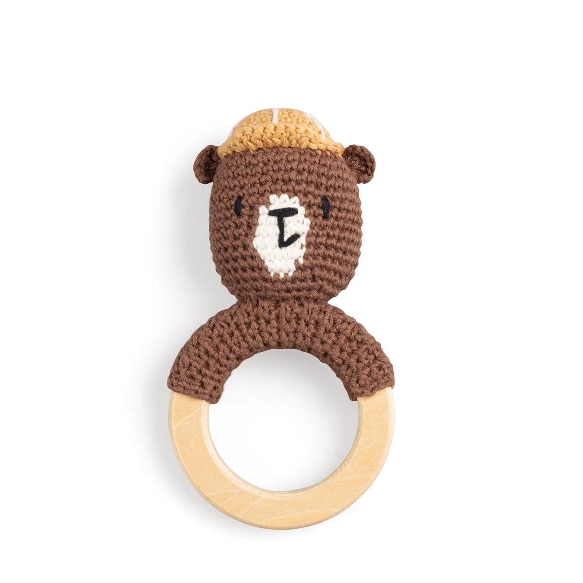 Sebra - Rattle on wooden ring, crochet, Bear