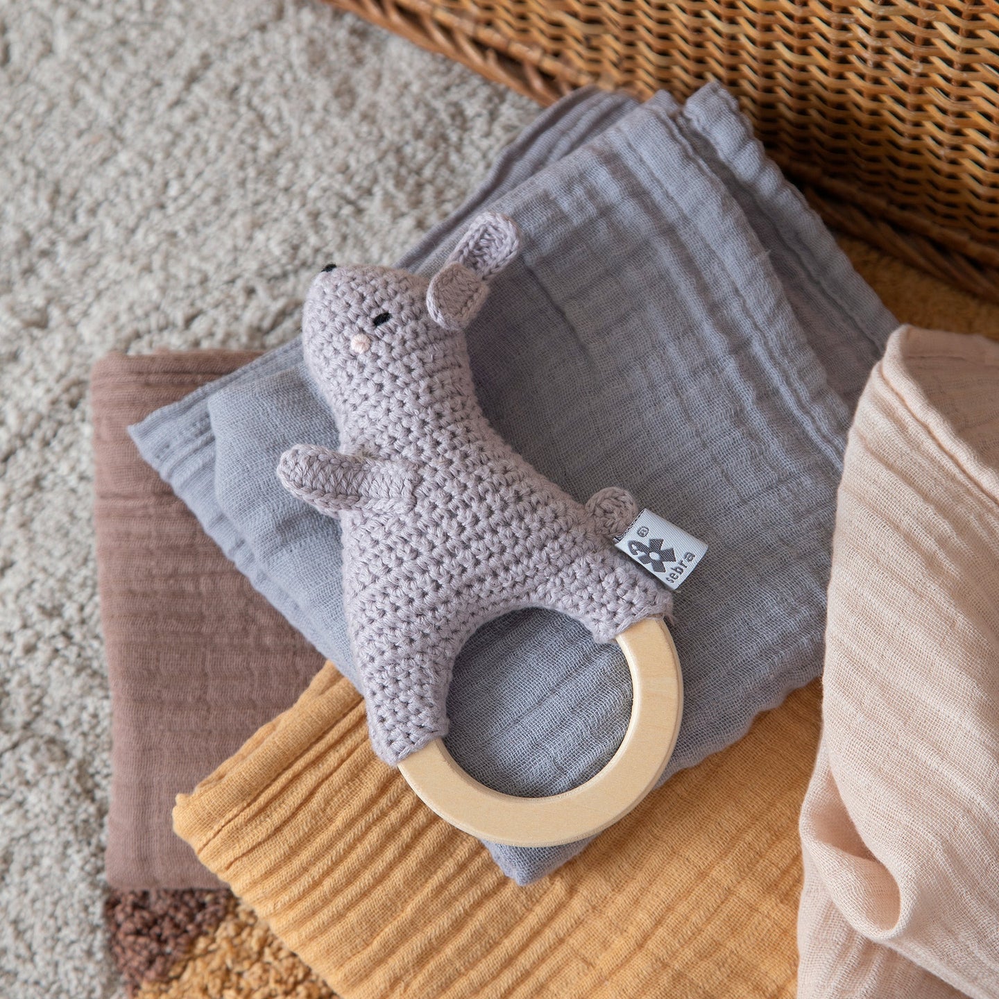 Sebra - Rattle on wooden ring, crochet, Rabbit
