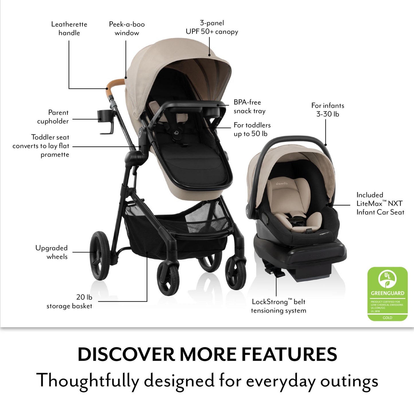 Evenflo - Pivot NXT Travel System With Litemax NXT Car Seat - Latte Tan