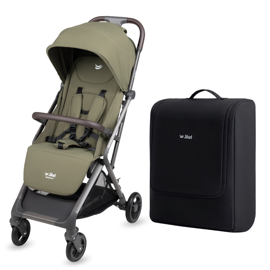 Jikel Nomad Auto-Fold Travel Stroller (Olive Green) + Stroller Travel Backpack – Set Bundle