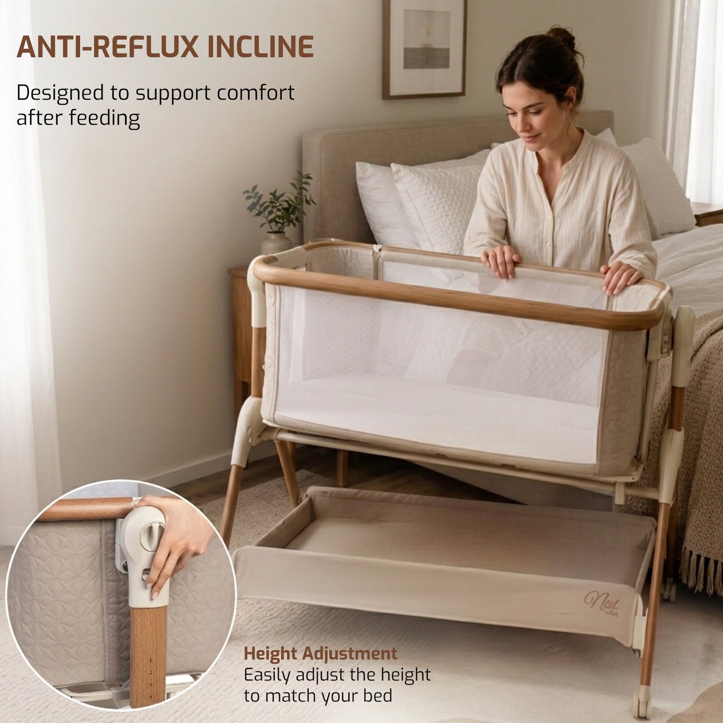 Jikel - Nest Glide Co-sleeper Bedside Crib Wood Beige + Organic Cotton Fitted Sheets White 2-piece Set Bundle