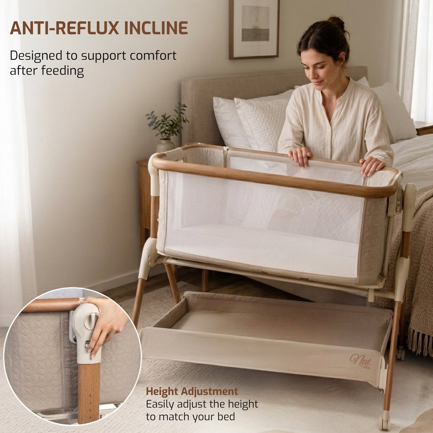 Jikel - Nest Glide Co-sleeper Bedside Crib Wood Beige + Organic Cotton Fitted Sheets White 2-piece Set Bundle