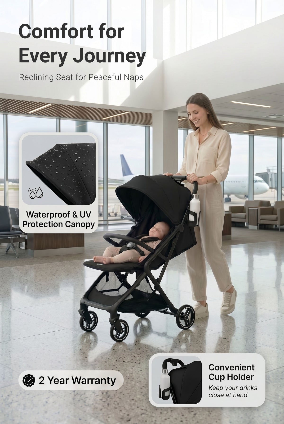 Jikel Nomad Auto-Fold Travel Stroller (Onyx Black) + Stroller Travel Backpack – Set Bundle