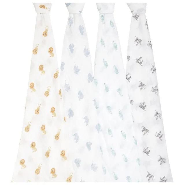 Aden + Anais - Large Swaddles - 4 Pack - Organic Cotton Muslin - Animal Kingdom