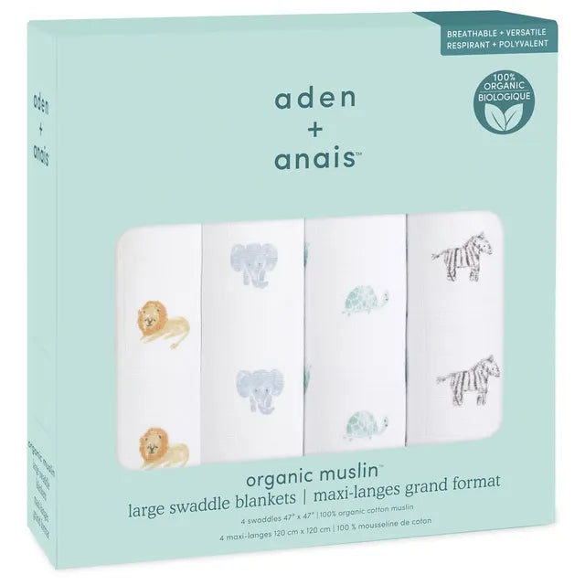 Aden + Anais - Large Swaddles - 4 Pack - Organic Cotton Muslin - Animal Kingdom