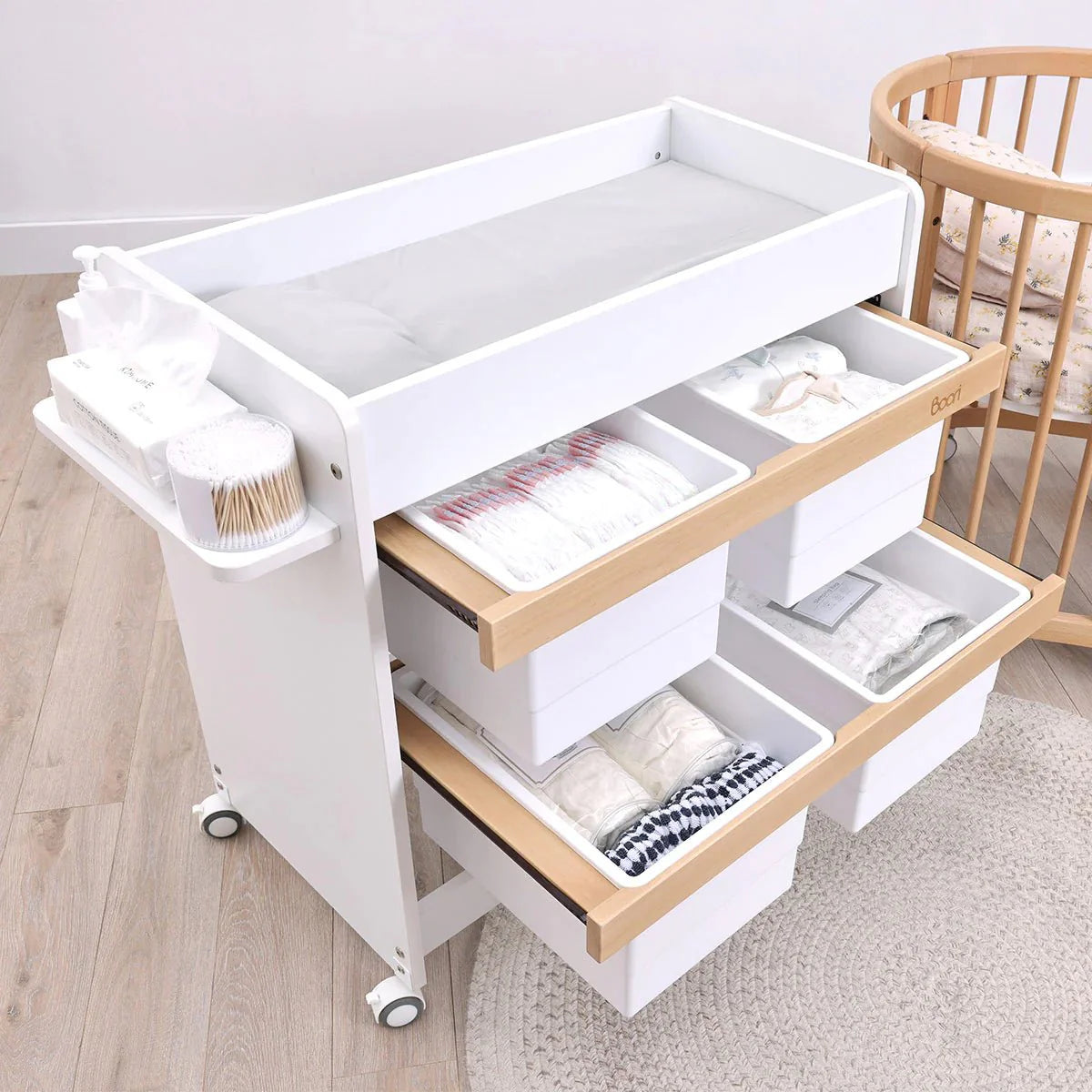 Boori - Natty Cot with Mattress, Storage Changer and Wardrobe Set Barley White & Almond
