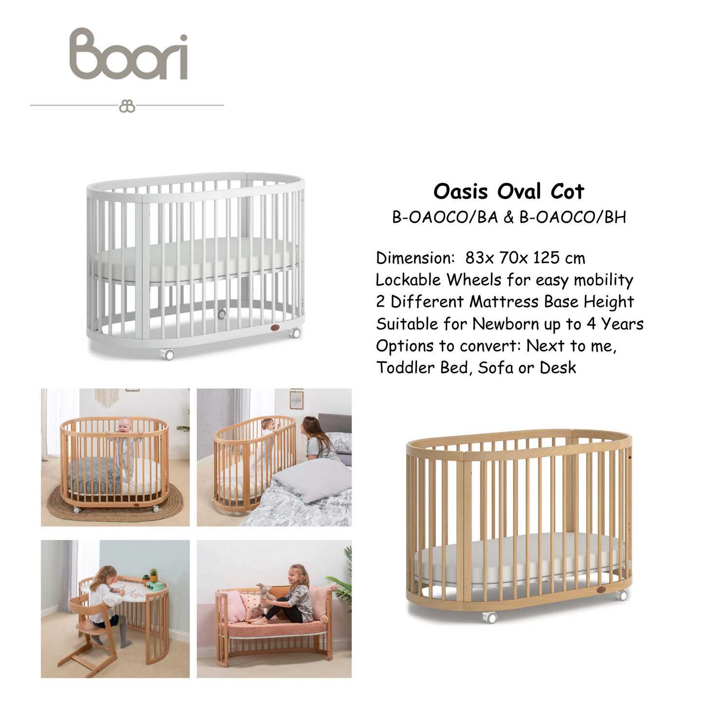 Boori - Oasis Oval Cot  and 3 Drawer Chest Beech Almond