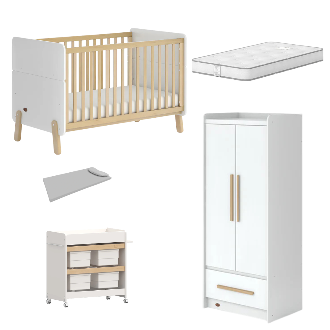 Boori - Natty Cot with Mattress, Storage Changer and Wardrobe Set Barley White & Almond