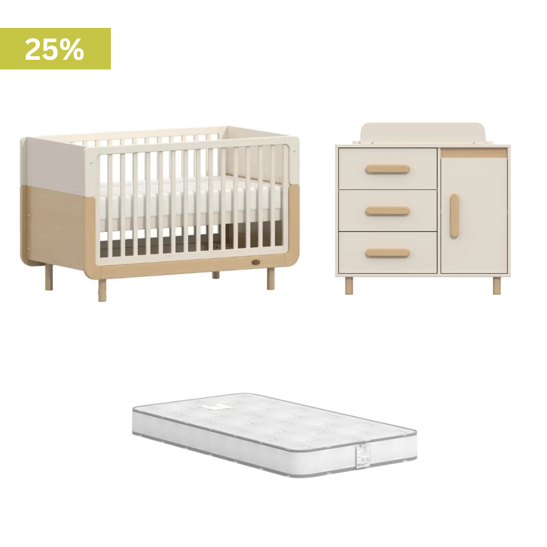 Boori - Ocean Cot Bed  and Scandi 3 Drawer Dresser Soft White and Beech