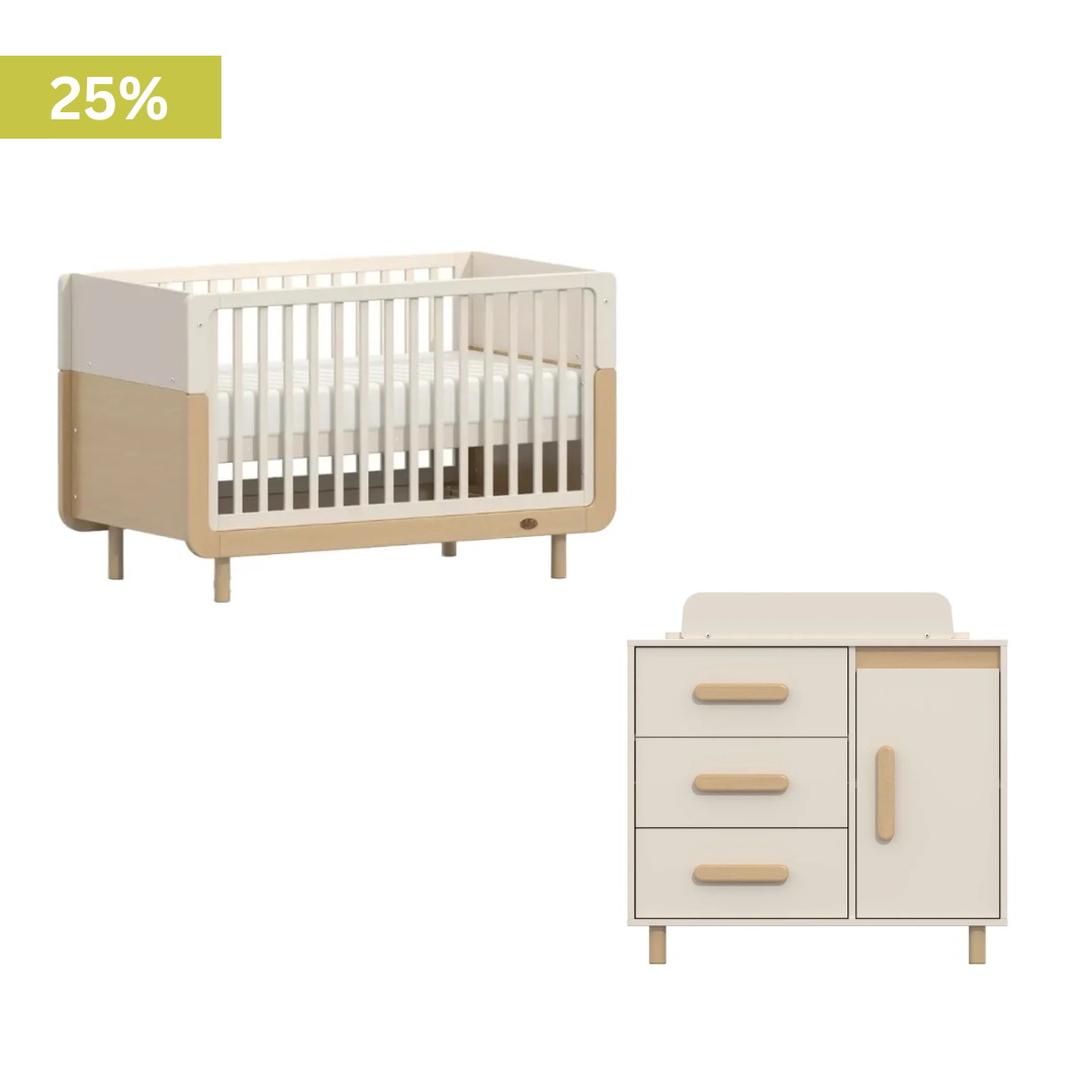Boori - Ocean Cot Bed  and Scandi 3 Drawer Dresser Soft White and Beech