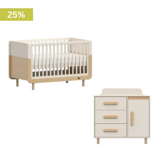 Boori - Ocean Cot Bed  and Scandi 3 Drawer Dresser Soft White and Beech