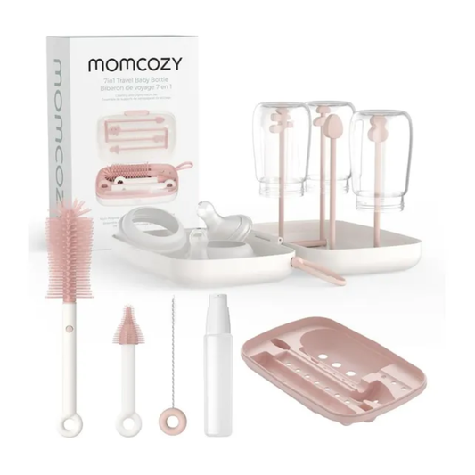 Momcozy - 7in1 Travel Baby Bottle Claning Brush and Rack Set - Pink