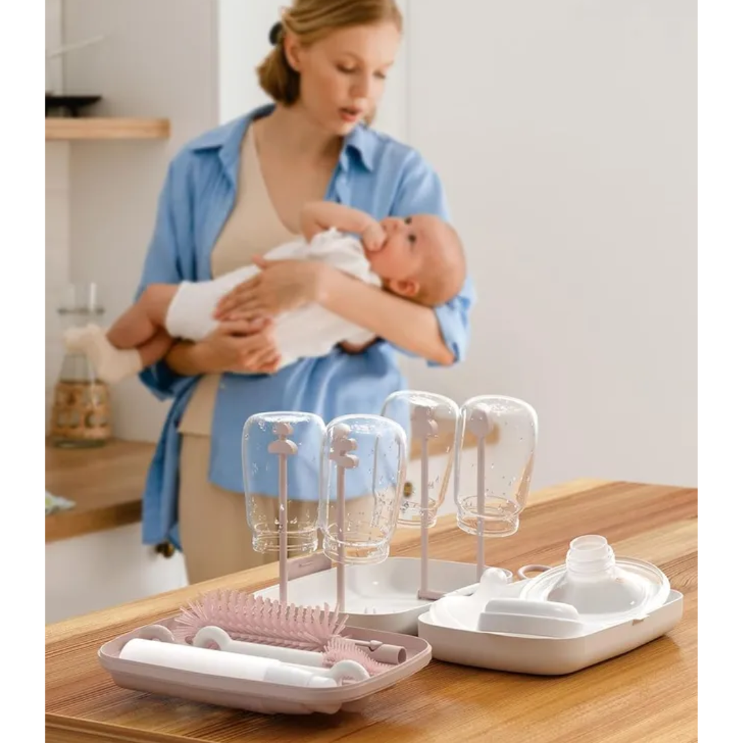 Momcozy - 7in1 Travel Baby Bottle Claning Brush and Rack Set - Pink