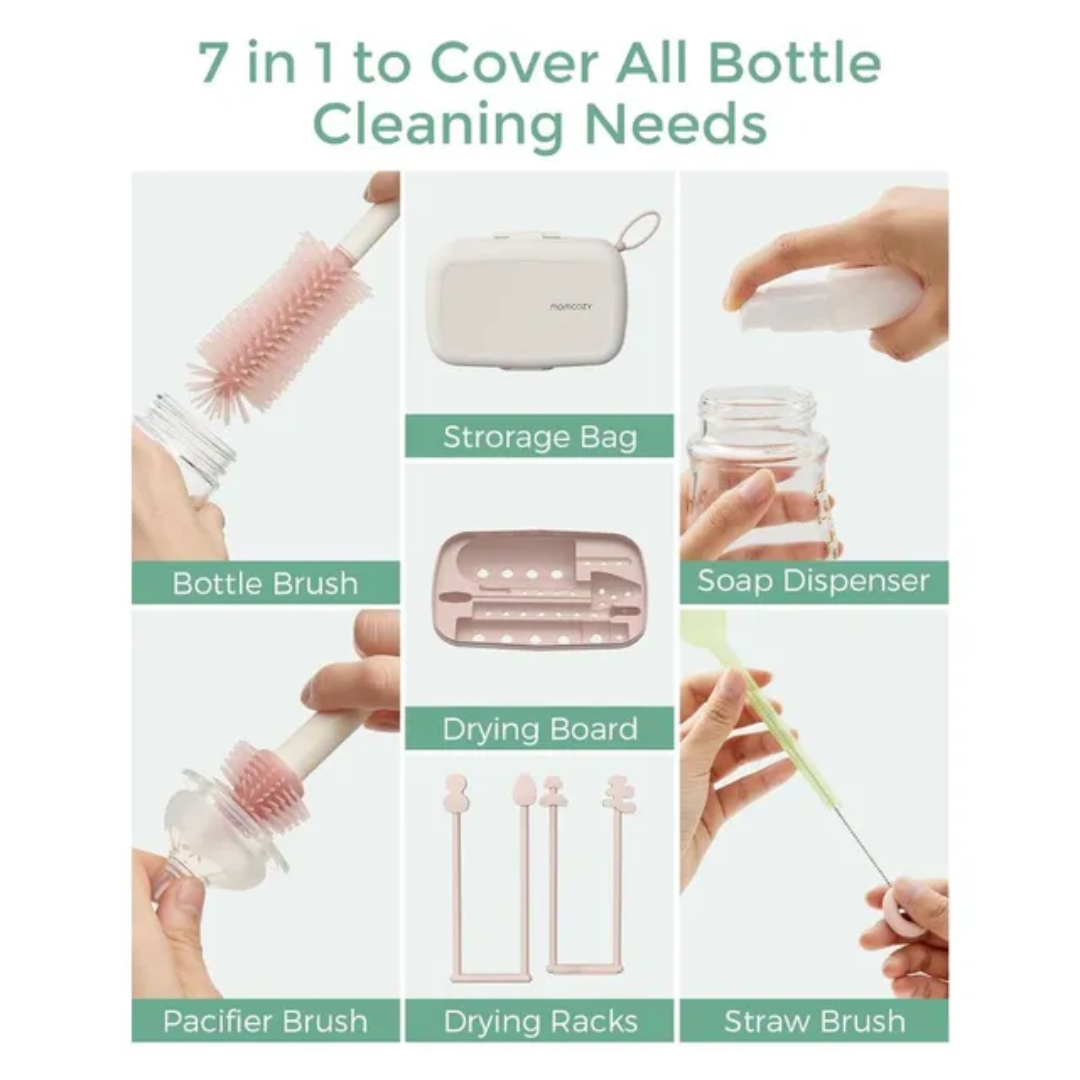 Momcozy - 7in1 Travel Baby Bottle Claning Brush and Rack Set - Pink