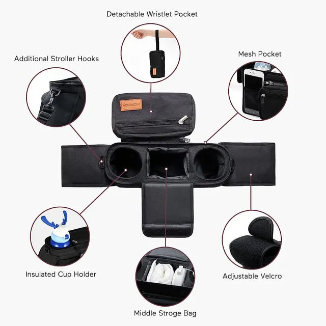 Momcozy - Stroller organizer with insulated cup holder - black