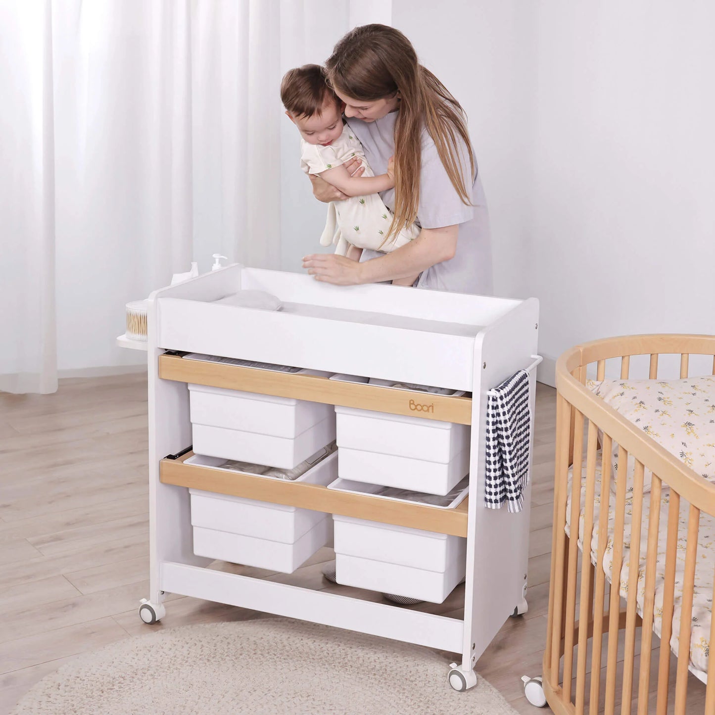 Boori - Natty Cot with Mattress, Storage Changer and Wardrobe Set Barley White & Almond