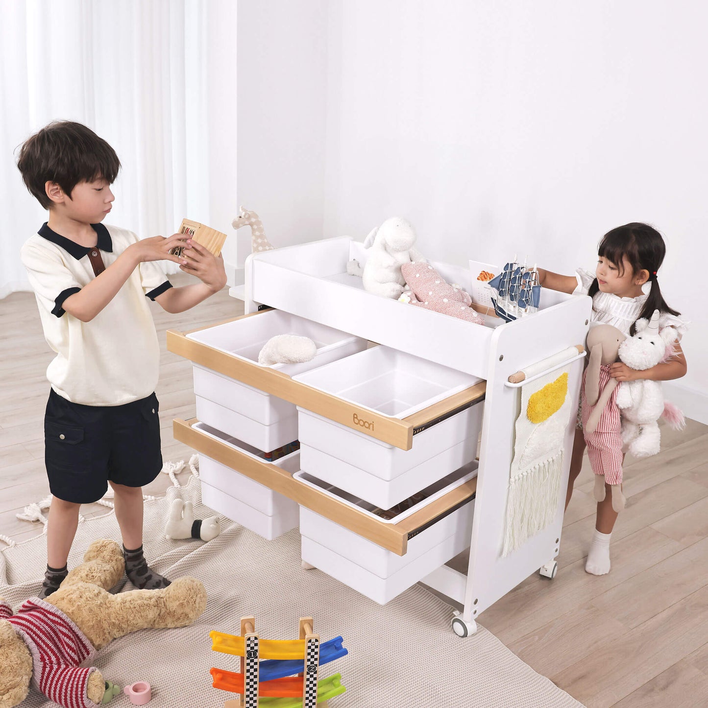 Boori - Natty Cot with Mattress, Storage Changer and Wardrobe Set Barley White & Almond
