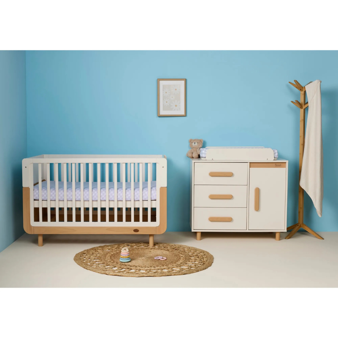Boori - Ocean Cot Bed  and Scandi 3 Drawer Dresser Soft White and Beech