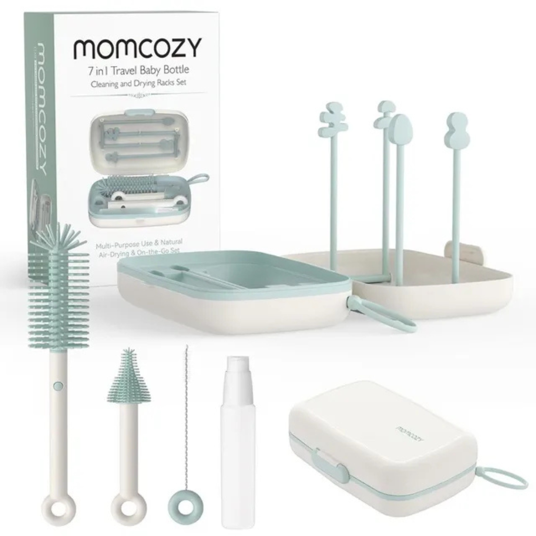 Momcozy - 7in1 Travel Baby Bottle Claning Brush and Rack Set - Green