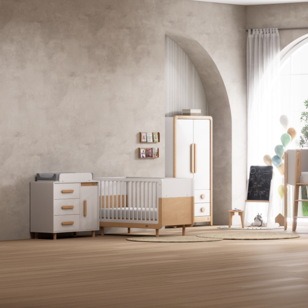 Boori - Ocean Cot Bed  and Scandi 3 Drawer Dresser Soft White and Beech