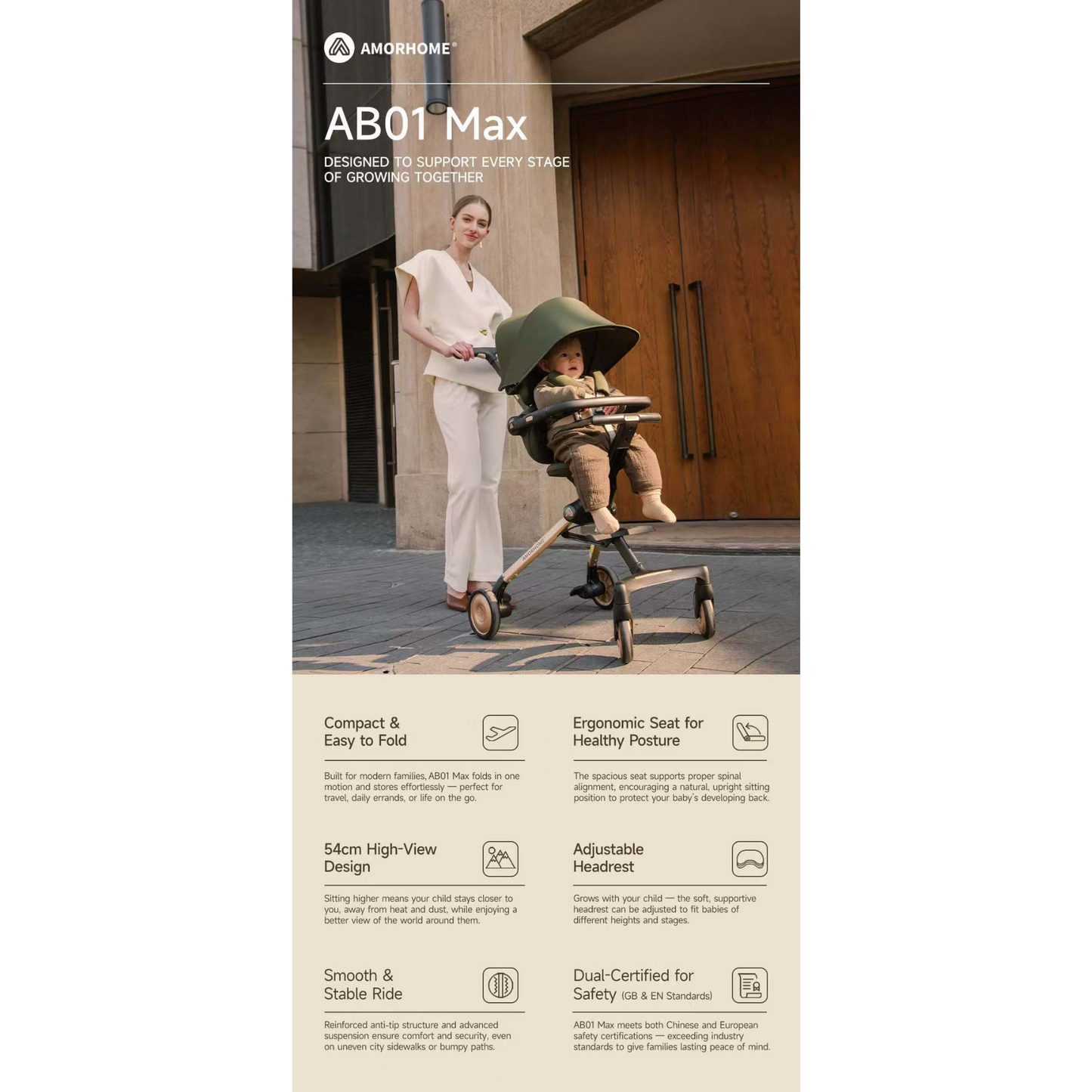 AMORHOME -  Max Stroller Compact, Foldable & Lightweight - Navy
