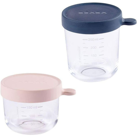 Beaba - Conservation Jar Glass Set of 2 - 150ml Pink & 250ml Dark Blue