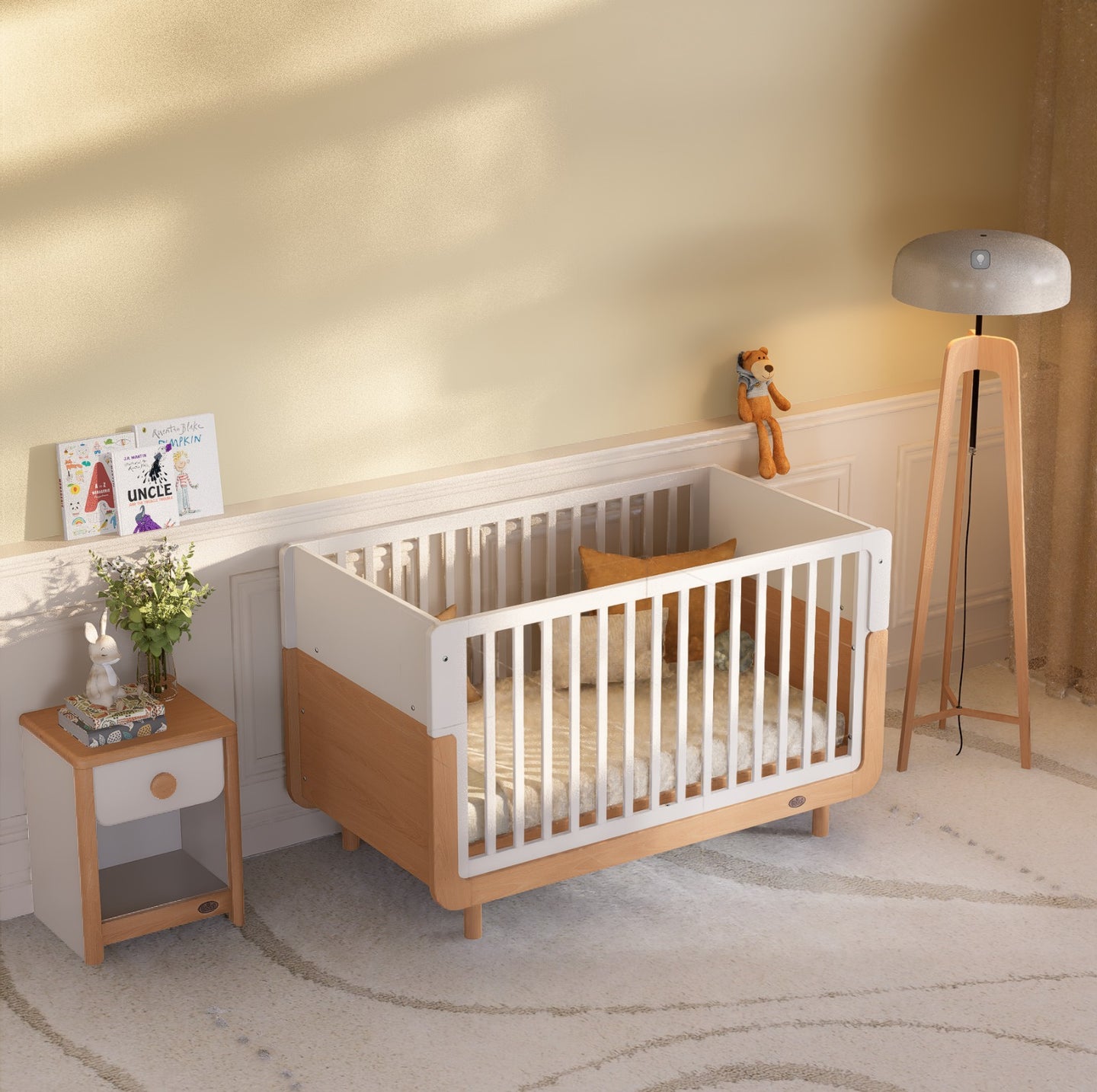 Boori - Ocean Cot Bed  and Scandi 3 Drawer Dresser Soft White and Beech
