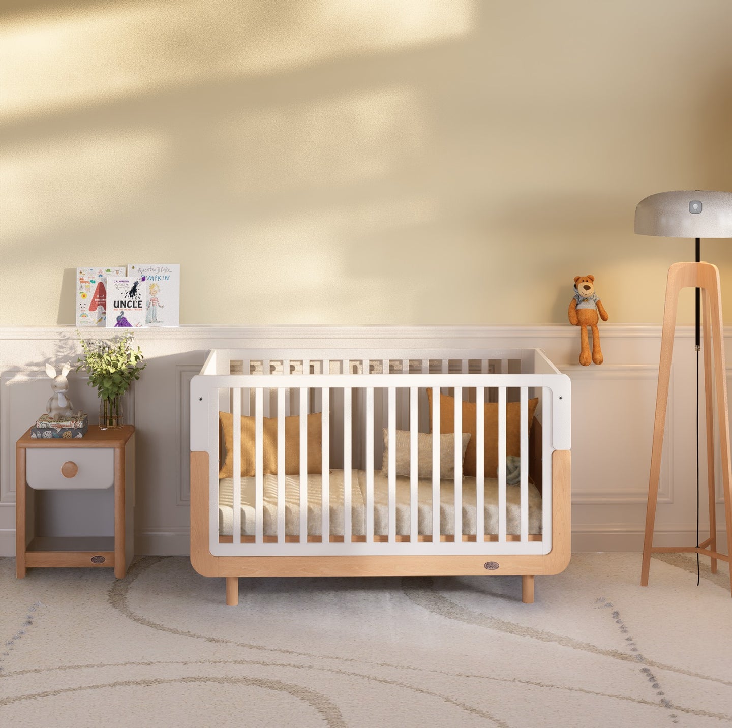 Boori - Ocean Cot Bed  and Scandi 3 Drawer Dresser Soft White and Beech
